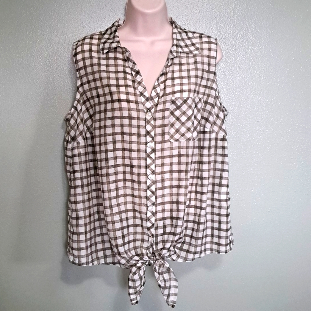 J.Jill blouse olive green checked 1X button front tie silk cotton sleeveless.